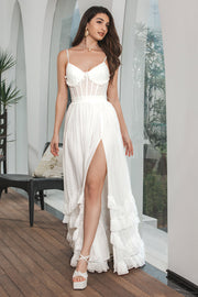 Simple White Ruffled Chiffon Corset Engagement Party Dress with Slit