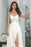 Simple White Ruffled Chiffon Corset Engagement Party Dress with Slit