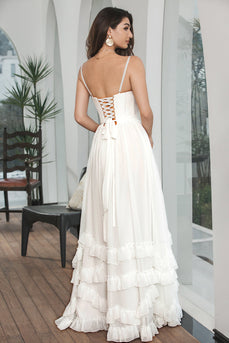 Simple White Ruffled Chiffon Corset Engagement Party Dress with Slit