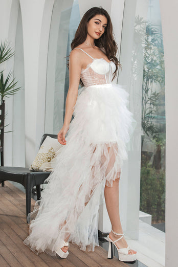 White High Low Ruffled Corset Engagement Party Dress with Lace