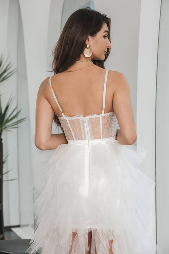 White High Low Ruffled Corset Engagement Party Dress with Lace