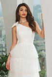 White One Shoulder Tiered Long Engagement Party Dress