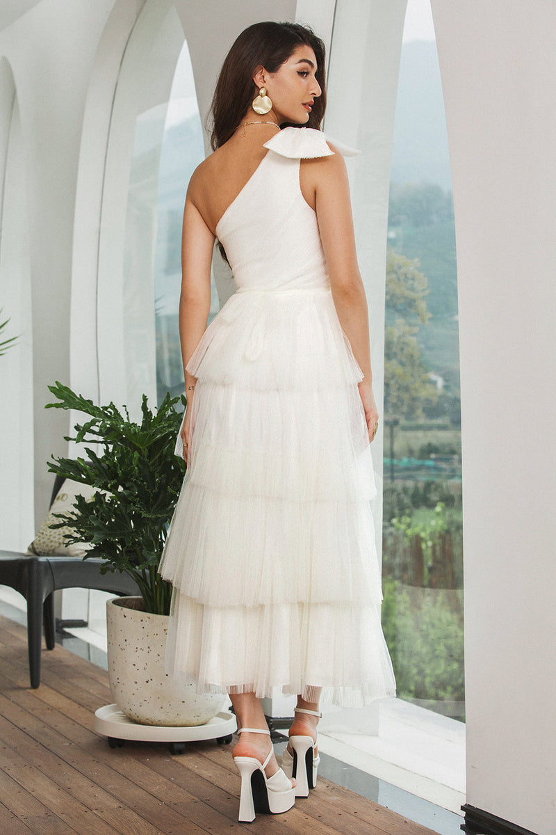 Load image into Gallery viewer, White One Shoulder Tiered Long Engagement Party Dress