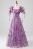 Purple A Line Print Lace-Up Long Formal Dress With Puff Sleeves