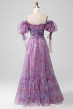 Purple A Line Print Lace-Up Long Formal Dress With Puff Sleeves