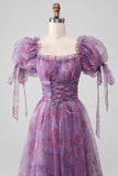 Purple A Line Print Lace-Up Long Formal Dress With Puff Sleeves