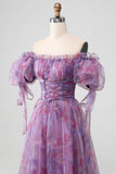 Purple A Line Print Lace-Up Long Formal Dress With Puff Sleeves