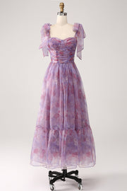 Purple Printed A Line Pleated Long Formal Dress