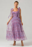 Purple A Line Pleated Printed Tea-Length Formal Dress