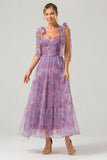 Purple A Line Pleated Printed Tea-Length Formal Dress