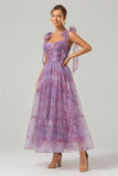 Purple A Line Pleated Printed Tea-Length Formal Dress