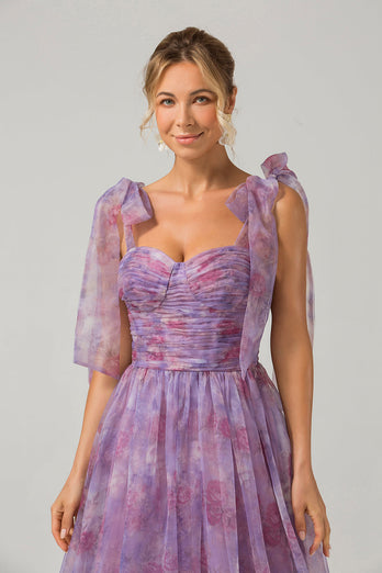 Purple A Line Pleated Printed Tea-Length Formal Dress