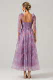 Purple A Line Pleated Printed Tea-Length Formal Dress