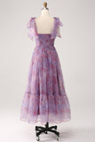 Purple Printed A Line Pleated Long Formal Dress