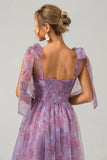 Purple A Line Pleated Printed Tea-Length Formal Dress