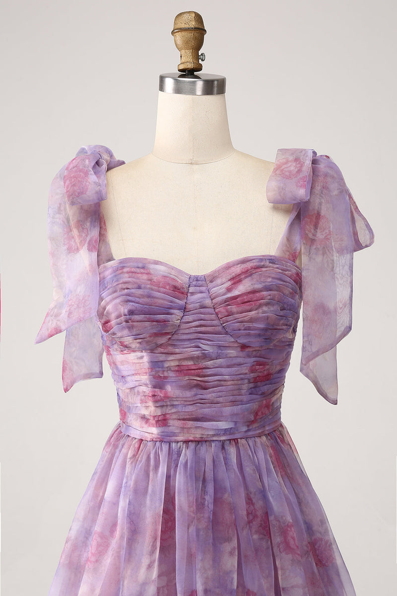 Load image into Gallery viewer, Purple Printed A Line Pleated Long Formal Dress