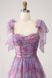 Purple Printed A Line Pleated Long Formal Dress