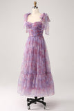 Purple Printed A Line Pleated Long Formal Dress