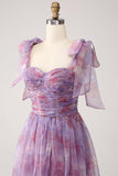 Purple Printed A Line Pleated Long Formal Dress