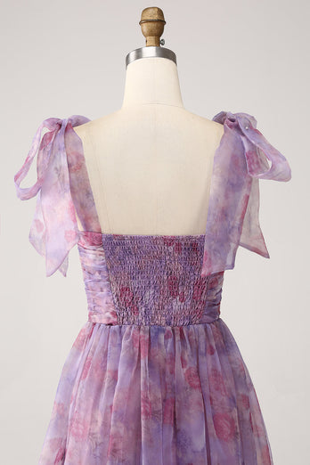 Purple Printed A Line Pleated Long Formal Dress