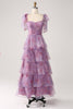Load image into Gallery viewer, A Line Tiered Purple Long Floral Formal Dress