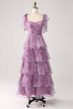 A Line Tiered Purple Long Floral Formal Dress