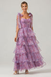 A Line Purple Printed Tiered Tea-Length Long Formal Dress