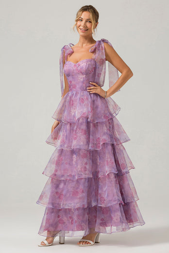 A Line Purple Printed Tiered Tea-Length Long Formal Dress