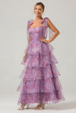 A Line Purple Printed Tiered Tea-Length Long Formal Dress