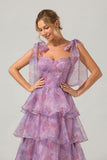 A Line Purple Printed Tiered Tea-Length Long Formal Dress