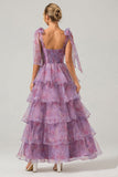 A Line Purple Printed Tiered Tea-Length Long Formal Dress