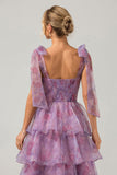 A Line Purple Printed Tiered Tea-Length Long Formal Dress