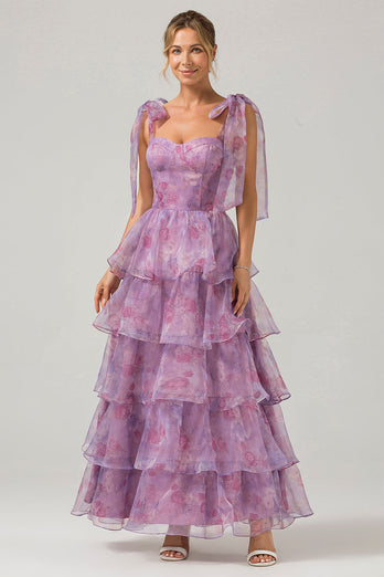 A Line Purple Printed Tiered Tea-Length Long Formal Dress