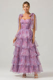 A Line Purple Printed Tiered Tea-Length Long Formal Dress