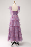 A Line Tiered Purple Long Floral Formal Dress