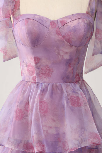 A Line Tiered Purple Long Floral Formal Dress
