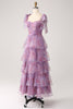 Load image into Gallery viewer, A Line Tiered Purple Long Floral Formal Dress