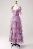 A Line Tiered Purple Long Floral Formal Dress