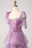 A Line Tiered Purple Long Floral Formal Dress