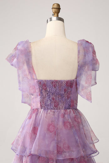 A Line Tiered Purple Long Floral Formal Dress