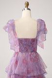 A Line Tiered Purple Long Floral Formal Dress