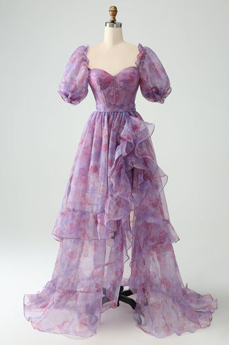 Purple A Line Square Neck Corset Formal Dress With Slit