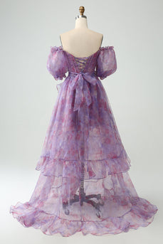 Purple A Line Square Neck Corset Formal Dress With Slit