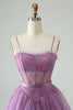 Load image into Gallery viewer, Purple A Line Spaghetti Straps Floral Corset Cocktail Dress