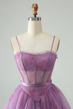 Purple A Line Spaghetti Straps Floral Corset Cocktail Dress