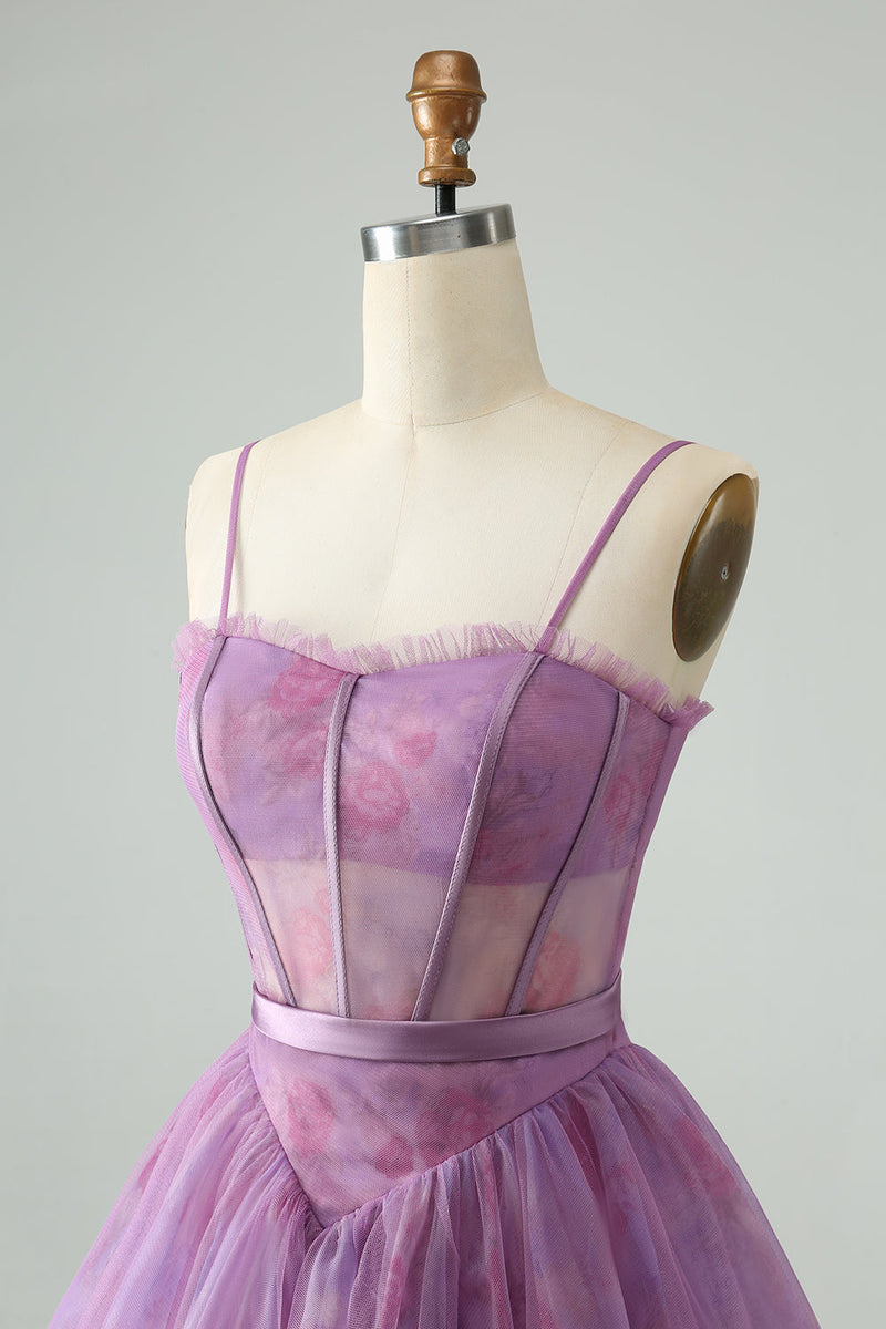 Load image into Gallery viewer, Purple A Line Spaghetti Straps Floral Corset Cocktail Dress