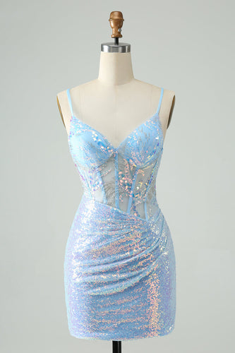 Glitter Light Blue Tight Spaghetti Straps Cocktail Dress with Sequins