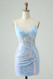 Glitter Light Blue Tight Spaghetti Straps Cocktail Dress with Sequins