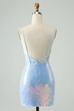 Glitter Light Blue Tight Spaghetti Straps Cocktail Dress with Sequins