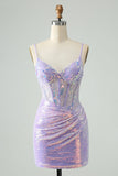 Glitter Light Blue Tight Spaghetti Straps Cocktail Dress with Sequins